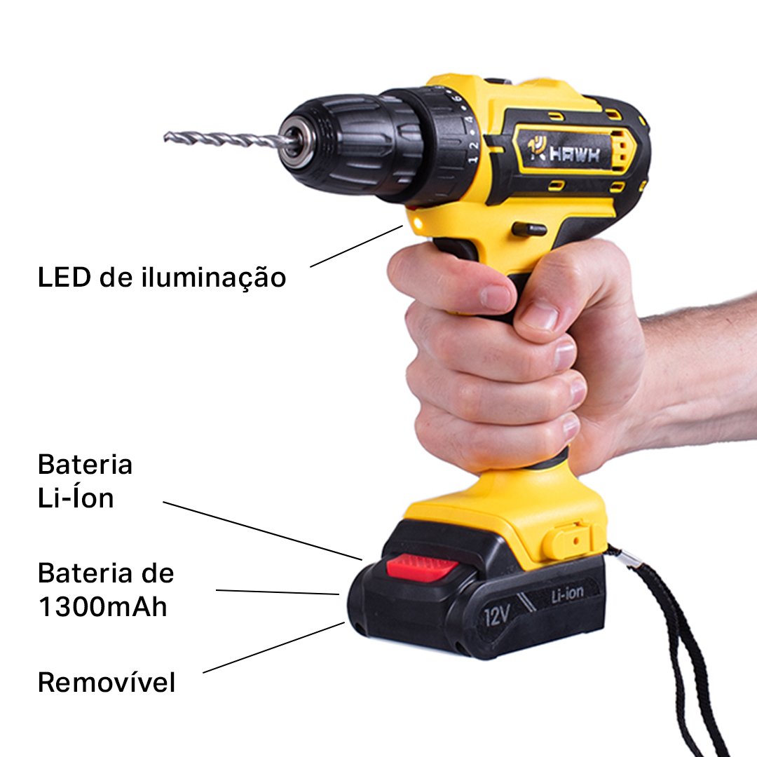 Parafusadeira e Furadeira a Bateria 12v sem Fio Bivolt Hw1045 Hawk - 8