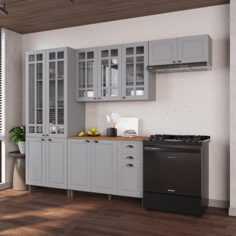 Armário de Cozinha Modulada Compacta Fidelitá Nara 100% MDF 4 Peças 280cm 12 Portas 2 Gavetas com