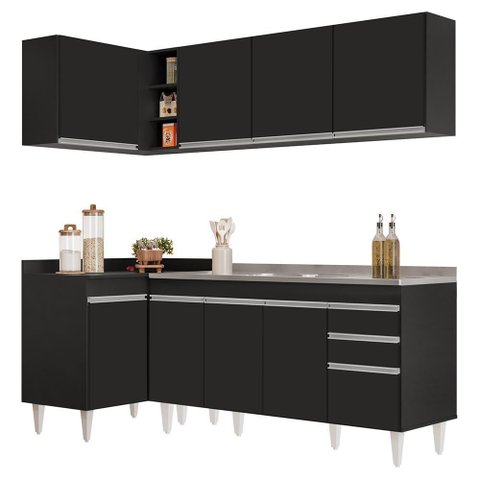 Armário de Cozinha Modulado de Canto Direito 4 Peças Cp42 com Pia Inox Preto - Lumil