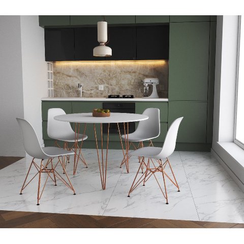 Mesa de Jantar Redonda 90cm Branco Clips 3 Pés com 4 Cadeiras Eames Eiffel Brancas Base Cobre
