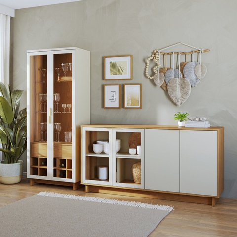 Conjunto Cristaleira 2 Portas de Vidro Guanabara com Led e Buffet Sala de Jantar 4 Portas Vitória