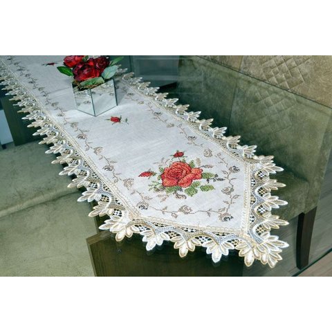 Caminho de Mesa com Flores Vermelhas - 1,80 M Arte & Tear