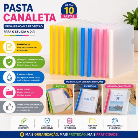 Pasta A4 Kit 10 Organizador Escritorio Documentos Folhas Documento Fichario Multiuso Canaleta Transp