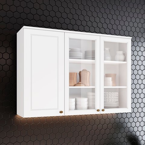 Armário Aéreo 120 cm Branco HP 100% MDF 03 Portas com Vidro Temperado Americana