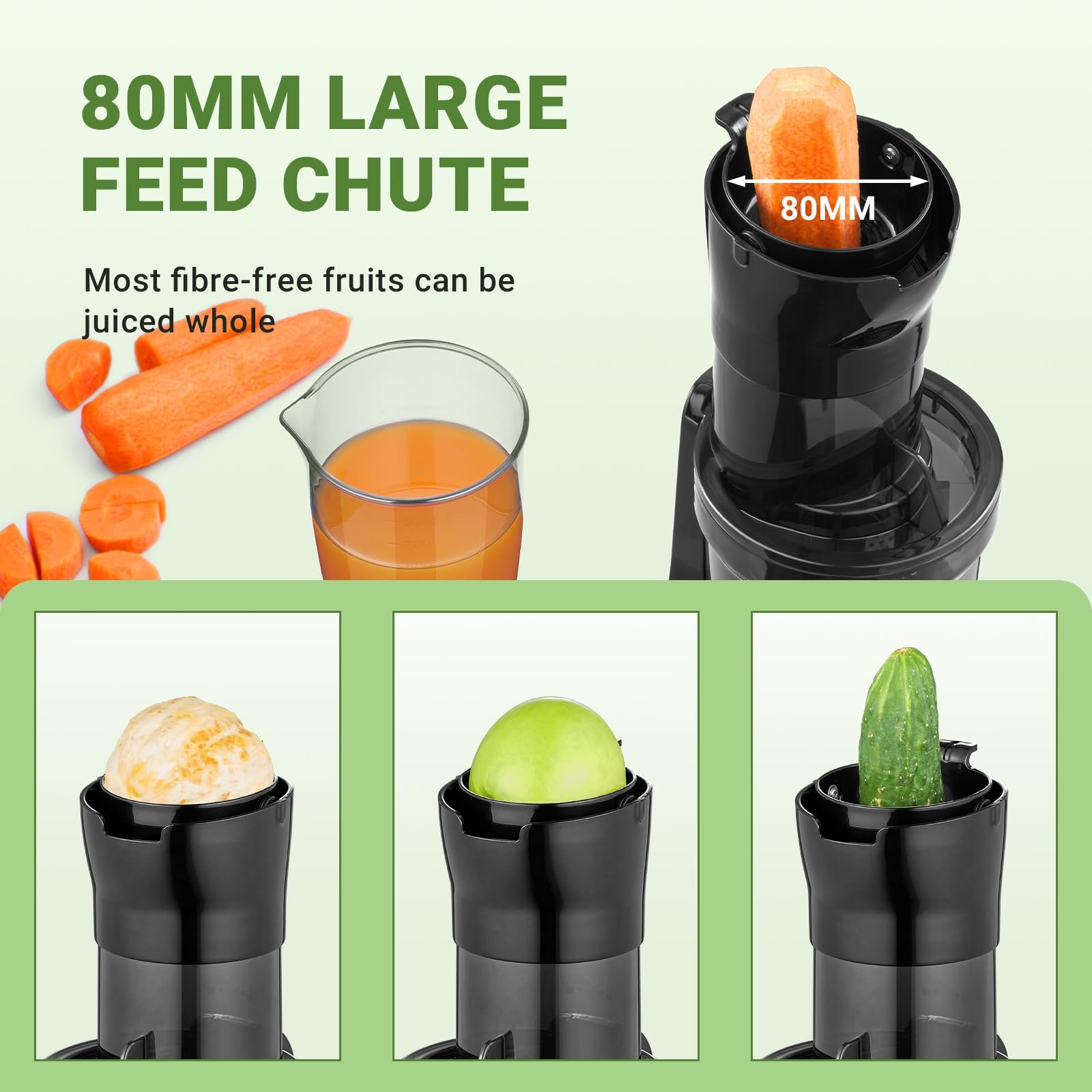 Amzchef Slow Juicer 80mm Chute, Alta Eficiência para Frutas e Vegetais (prata) - 3