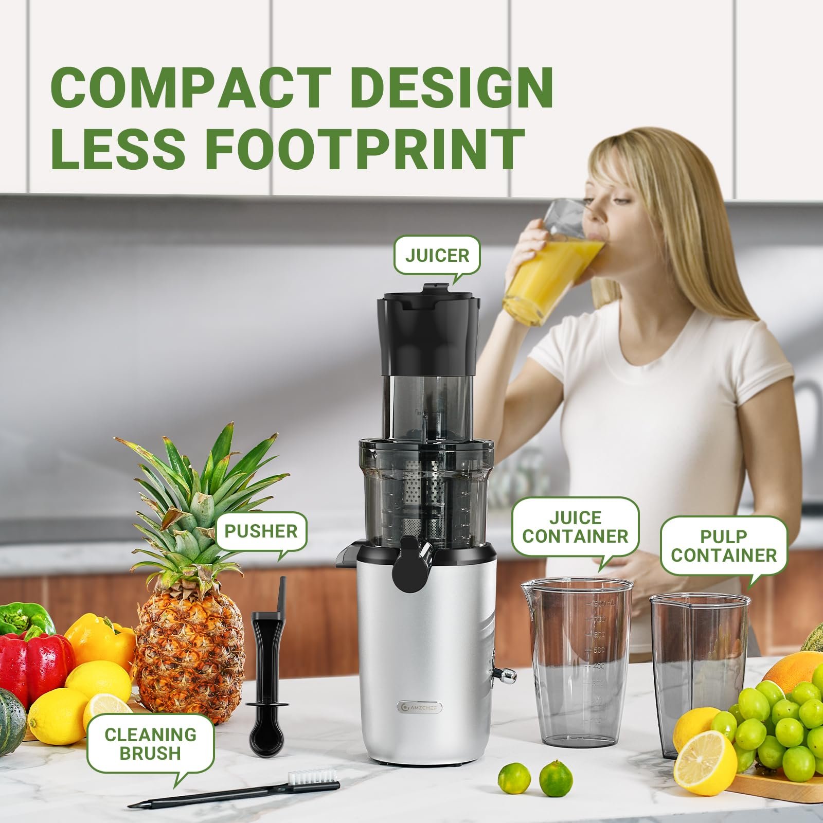 Amzchef Slow Juicer 80mm Chute, Alta Eficiência para Frutas e Vegetais (prata) - 7