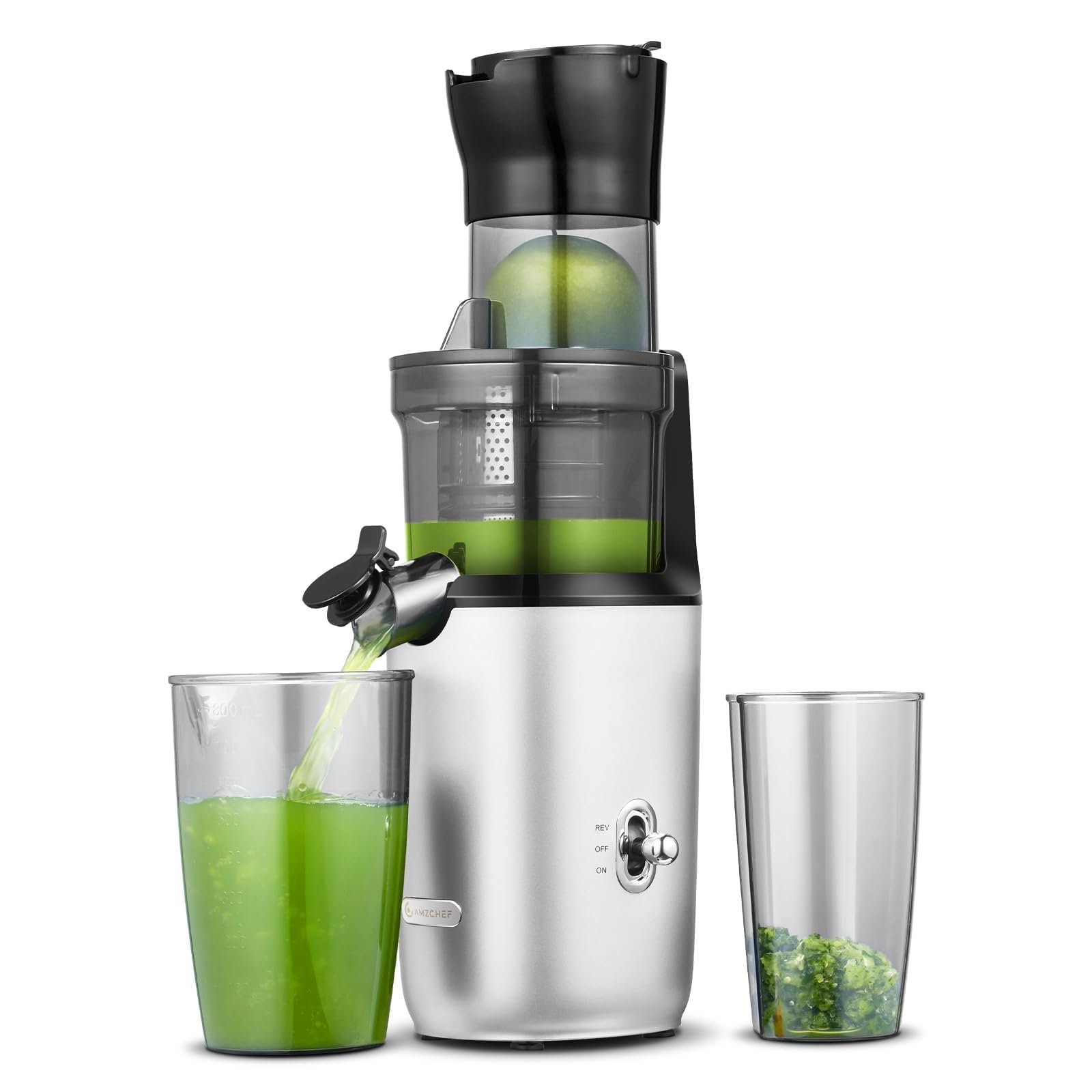 Amzchef Slow Juicer 80mm Chute, Alta Eficiência para Frutas e Vegetais (prata)