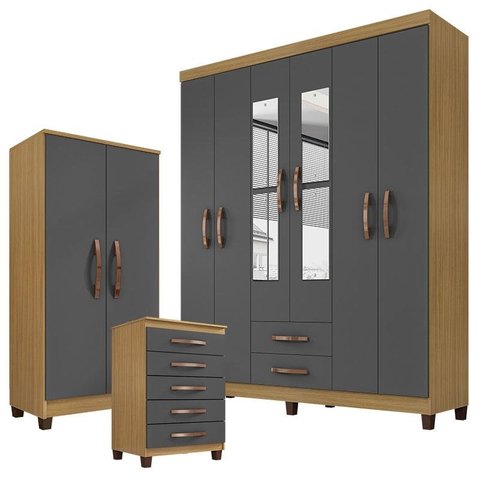 Guarda Roupa Casal Modena com Espelho 6 Portas com Cômoda 5 Gavetas e Armário Multiuso Recife Carval