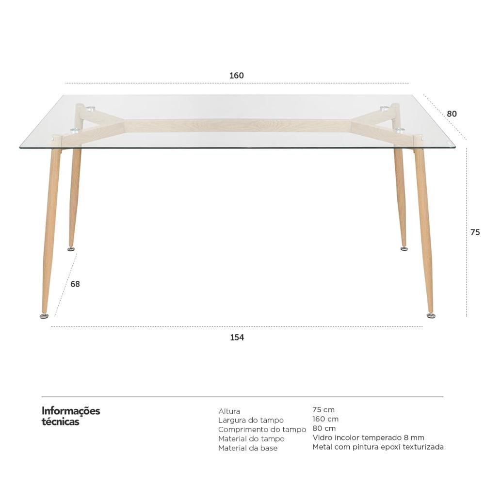 Mesa de jantar retangular Clarice com tampo de vidro 80 x 160 cm - 7