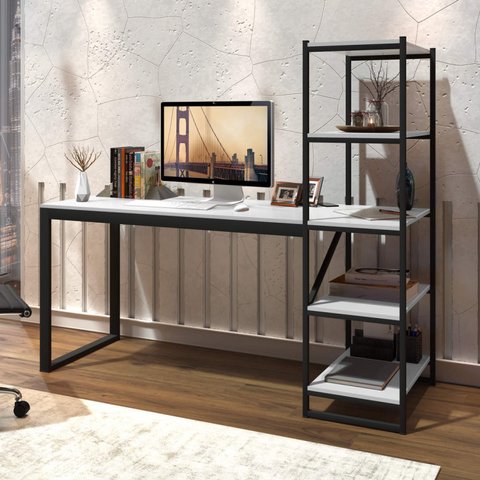 Escrivaninha Mesa Escritório com Estante Innovare 4 Prateleiras 170cm Industrial