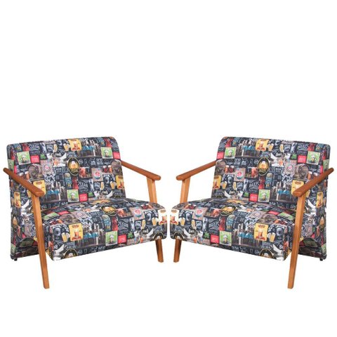 Kit 2 Poltronas Namoradeira Venus Braço Madeira Maciça Estampada Unidecor Retro Bar 107