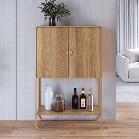 Balcão Bar 2 Portas 90cm Orgânico Pé Metal Luna Bege/Hanover/Dourado
