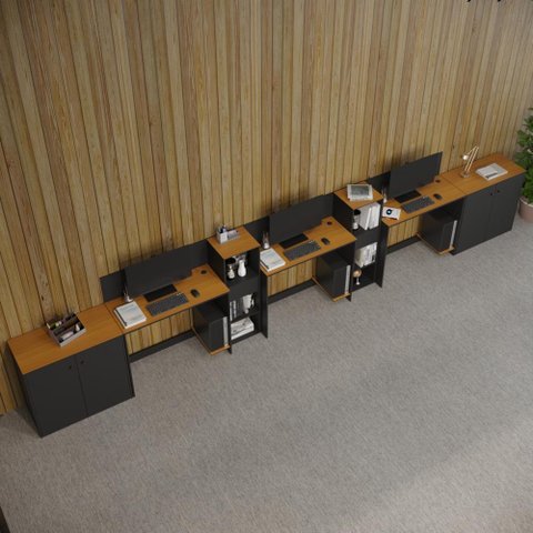 Conjunto de Escritório Smart 2 Livreiro 2 Buffet e 3 Mesas 90cm - Preto e Cedro