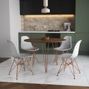 Ver imagem 1 de Mesa de Jantar Redonda 90cm Amêndoa Clips 3 Pés com 4 Cadeiras Eames Eiffel Brancas Base Cobre