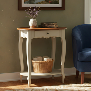 Mesa de Apoio Oval Clássica Decorativa de Madeira com Pés Luiz Xv - Branco Laca com Tampo Imbuia Gla