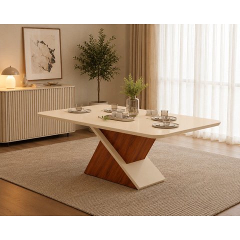 Mesa de Jantar Zafira Retangular com Vidro 200x100cm Freijó e Off White