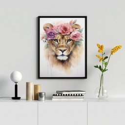 Quadro Decorativo Leoa Com Coroa De Flores 24x18cm - com vidro:Madeira branca - 1