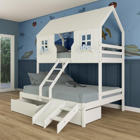 Beliche Casal/ Solteiro Casinha Encantada com 02 Gavetas Kit Escada/ Escorregador Madeira Maciça