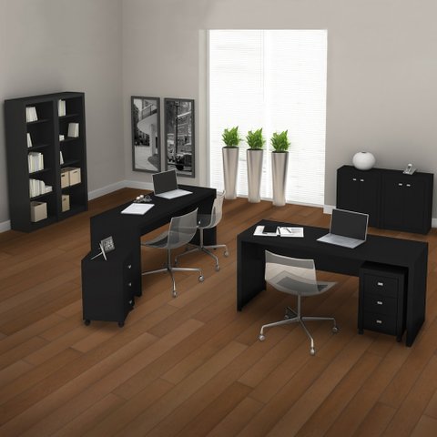 Conjunto Home Office 8 Peças com 2 Mesa, 2 Estante, 2 Gaveteiro e 2 Armário para Escritório Preto - 
