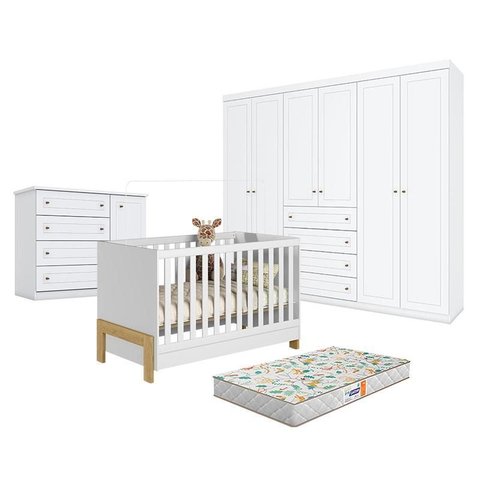 Quarto de Bebê Americano 6 Portas com Berço Americano Mini Cama Fantasia Branco Acetinado – Qmovi - 