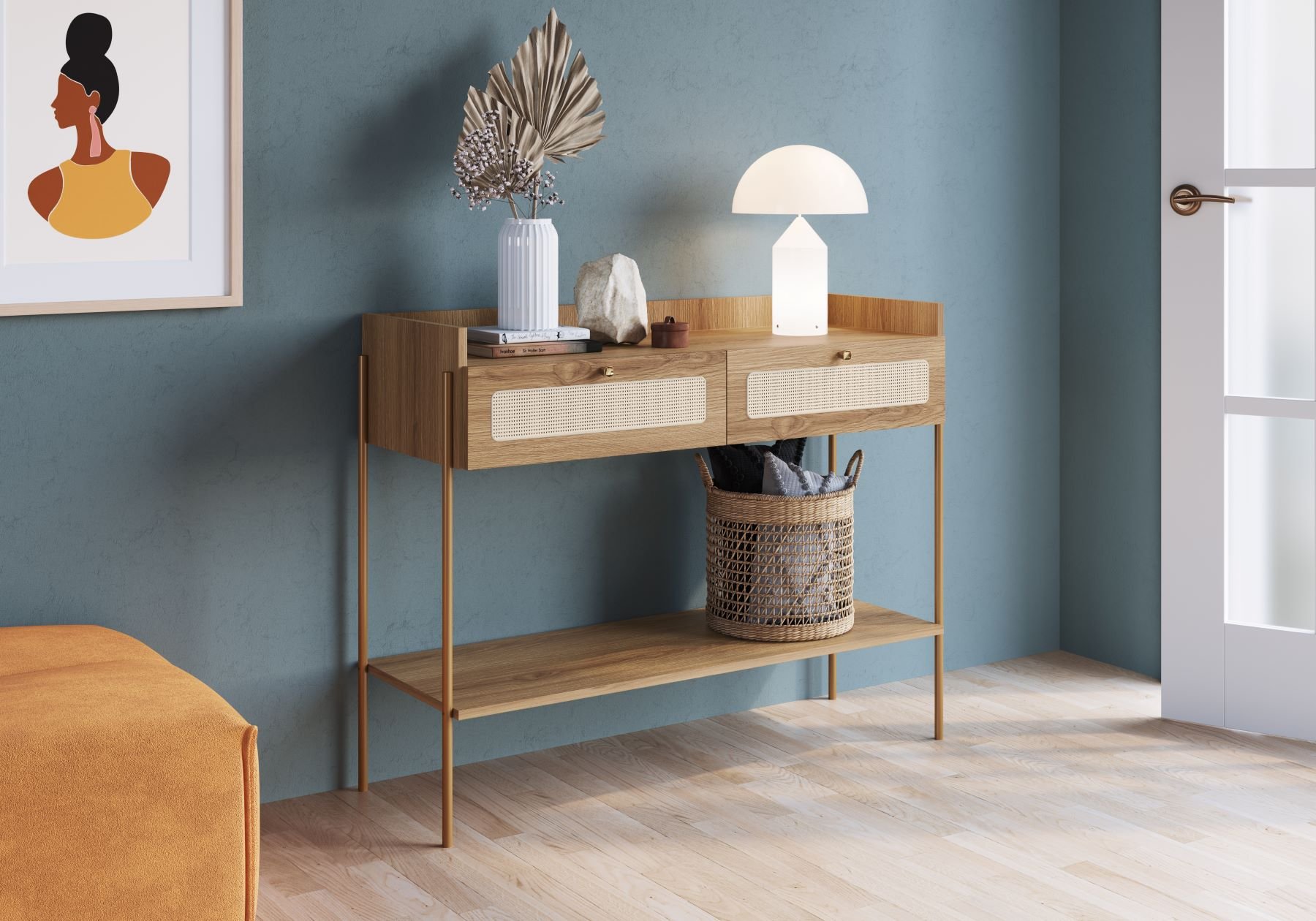 Aparador Linha Oslo Mdf Cor Hanover Base Metal Dourado Acabamento Palha Sintética - a Casa Maju - 4