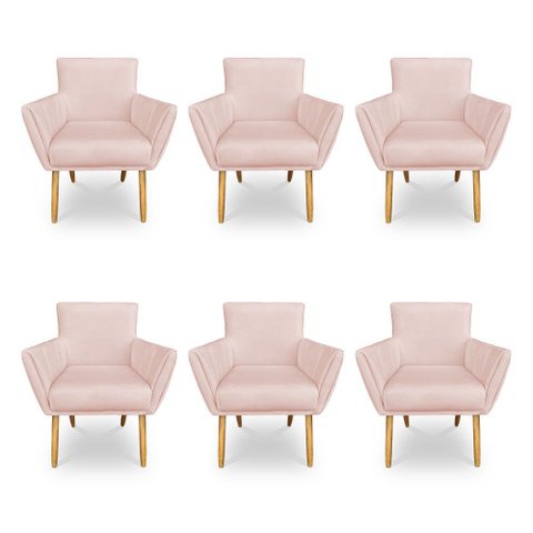 Kit 6 Poltronas Decorativa Leticia Suede Rosa Bebê Pés Palito Castanho - Pallazio