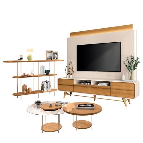 Estante Home Theater Nobre Off White Cinamomo e Aparador Infinity e Kit Mesa de Centro Sky Cinamomo 