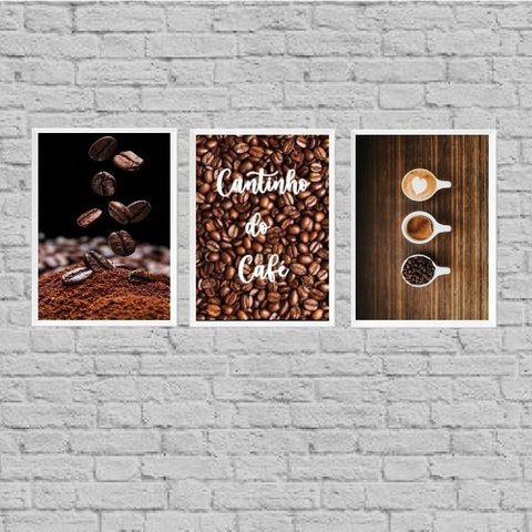 Kit 3 Quadros Cantinho do Café Grãos 45x34cm:madeira Branca