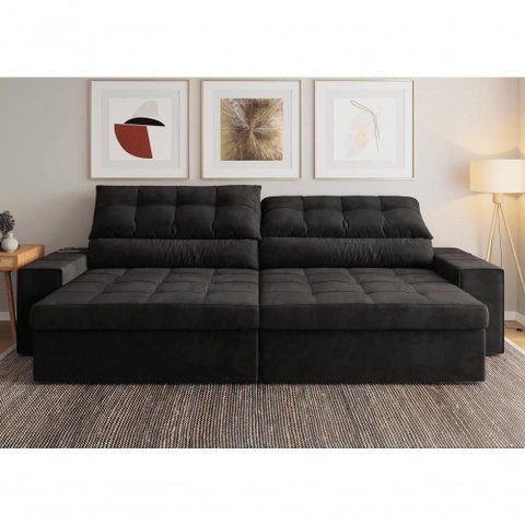 Sofá com Chaise Medelín 5 Lugares Retrátil e Reclinável 275cm Preto Cia Lar Móveis