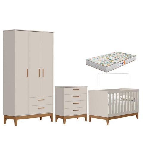 Quarto de Bebê Flip com Cômoda Gaveteiro Areia Acetinado com Colchão Gazin - Reller