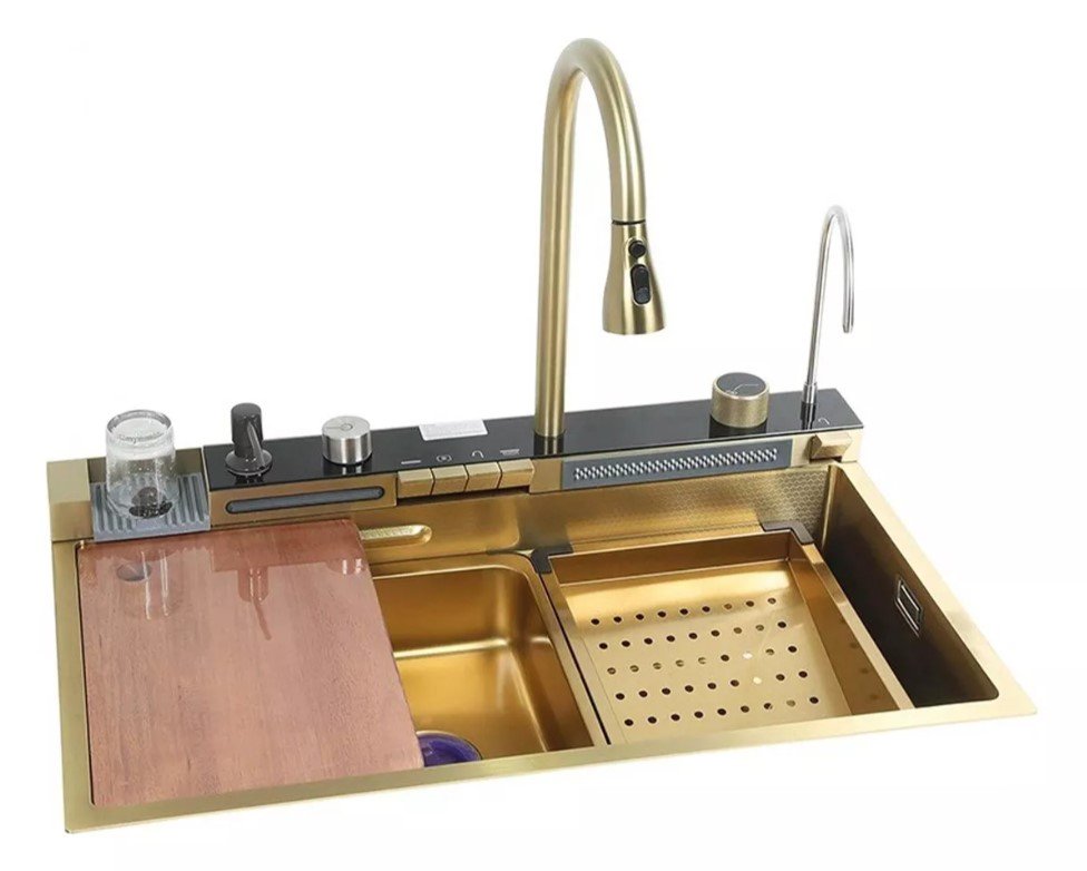 Cuba Inteligente Gourmet Cozinha Pia Premium Inox C/ Torneira Lavador Copos Multifuncional Dourado
