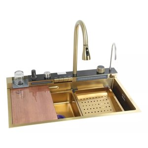 Cuba Inteligente Gourmet Cozinha Pia Premium Inox C/ Torneira Lavador Copos Multifuncional Dourado