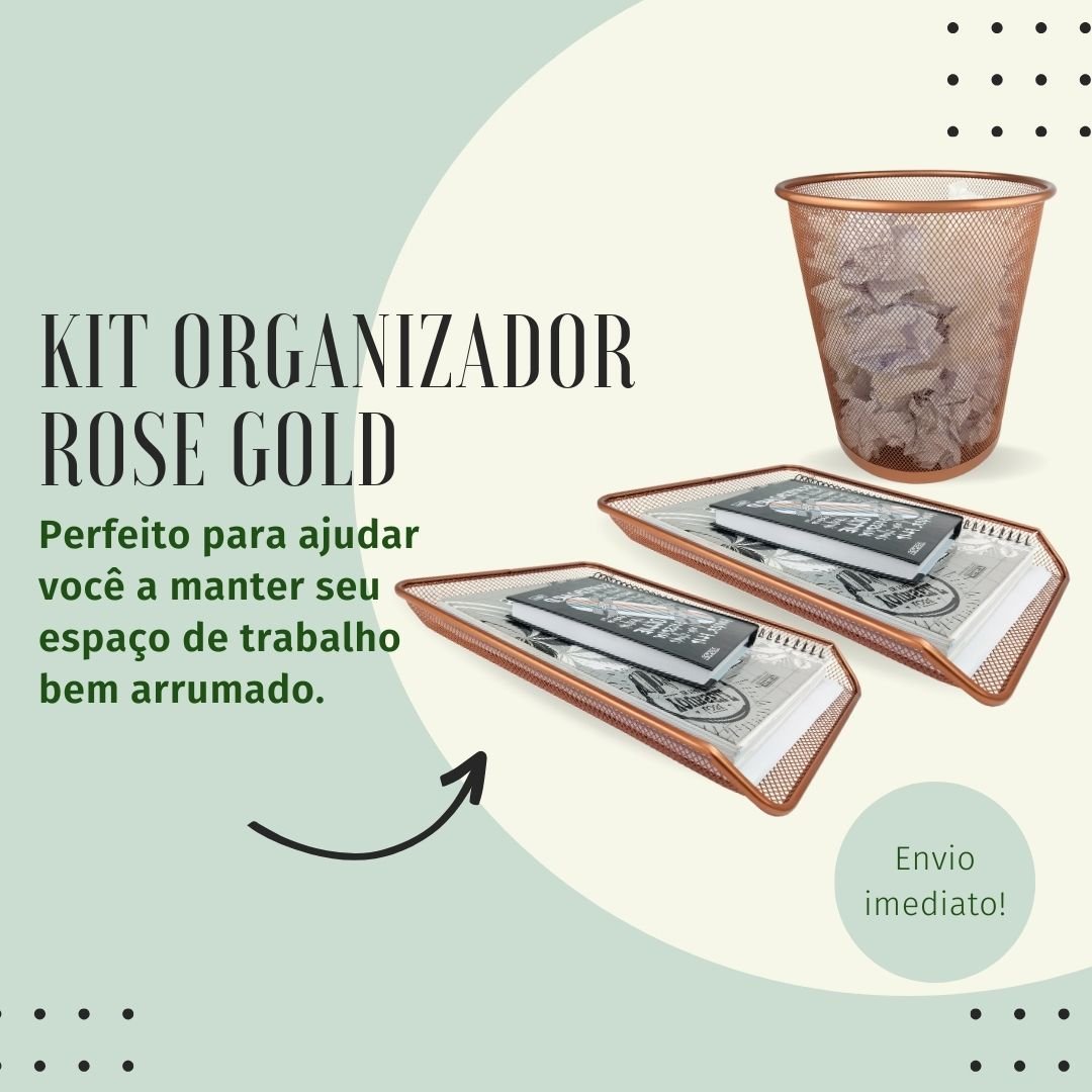 Bandejas e Lixeira Kit para Escritorio Rose Gold