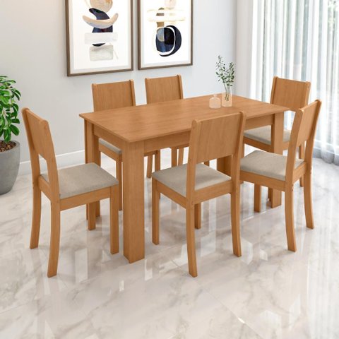 Conjunto Sala de Jantar Mesa Easy Line com 6 Cadeiras Linho Amêndoa