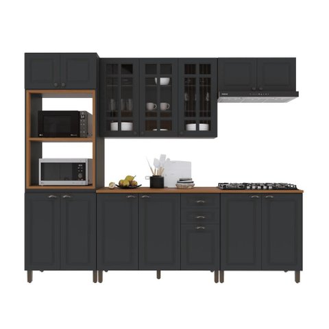 Armário de Cozinha Modulada Completa Fidelitá Nara 100% MDF 5 Peças 270cm 14 Portas 2 Gavetas com