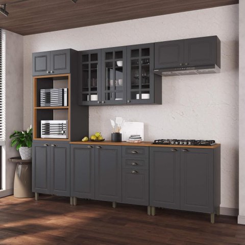 Armário de Cozinha Modulada Completa Fidelitá Nara 100% MDF 5 Peças 270cm 14 Portas 2 Gavetas com