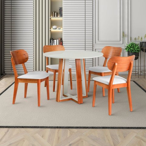 Conjunto Mesa Áustria com 4 Cadeiras Madeira Maciça, Multilaminada e Estofada Letícia Yescasa Off Wh