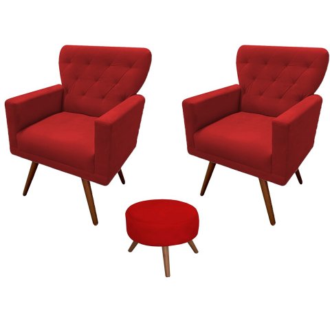 Kit 2 Poltronas Decorativa Aurora + 1 Puff Redondo Suede Vermelho Pés Madeira Ms Decor