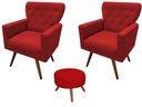 Ver imagem 1 de Kit 2 Poltronas Decorativa Aurora + 1 Puff Redondo Suede Vermelho Pés Madeira Ms Decor