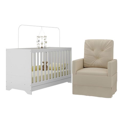 Berço 3 em 1 com Colchão e Poltrona Amamentação Multimóveis Mp4159 Branco/bege