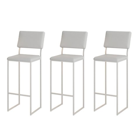 Kit 3 Banquetas com Encosto Industrial e Moderna Nina Branco e Corino Branco