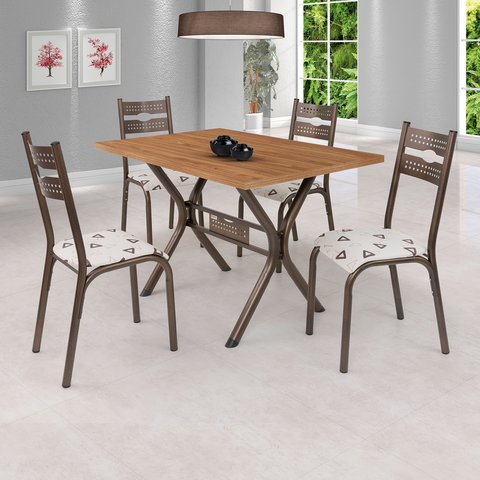 Conjunto de Mesa com 4 Cadeiras Luna Marrom/Bronze/Bege Geométrico