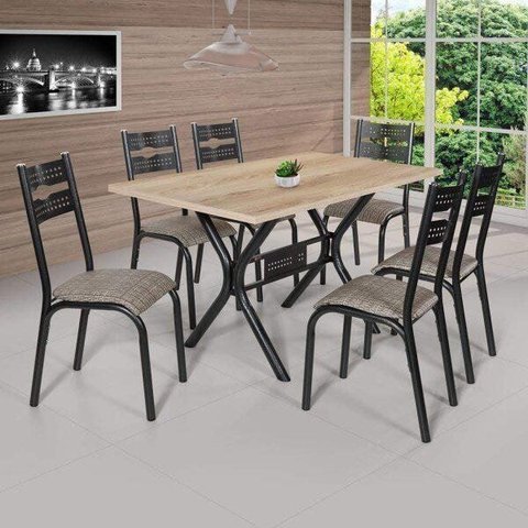 Conjunto de Mesa com 6 Cadeiras Luna Bege/Craqueado Preto/Junco Manteiga