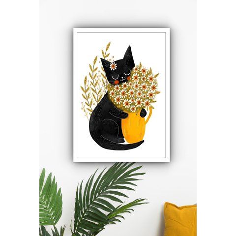 Quadro Decorativo Gatinha Preta Vaso Flores - 70x50cm:moldura Branca