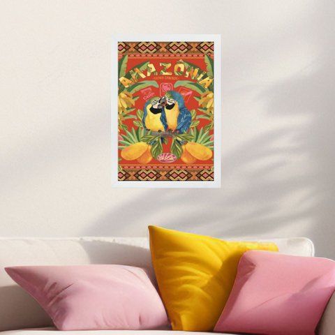 Quadro Araras Amazônia - Brasil 24x18cm - com Vidro:moldura Branca