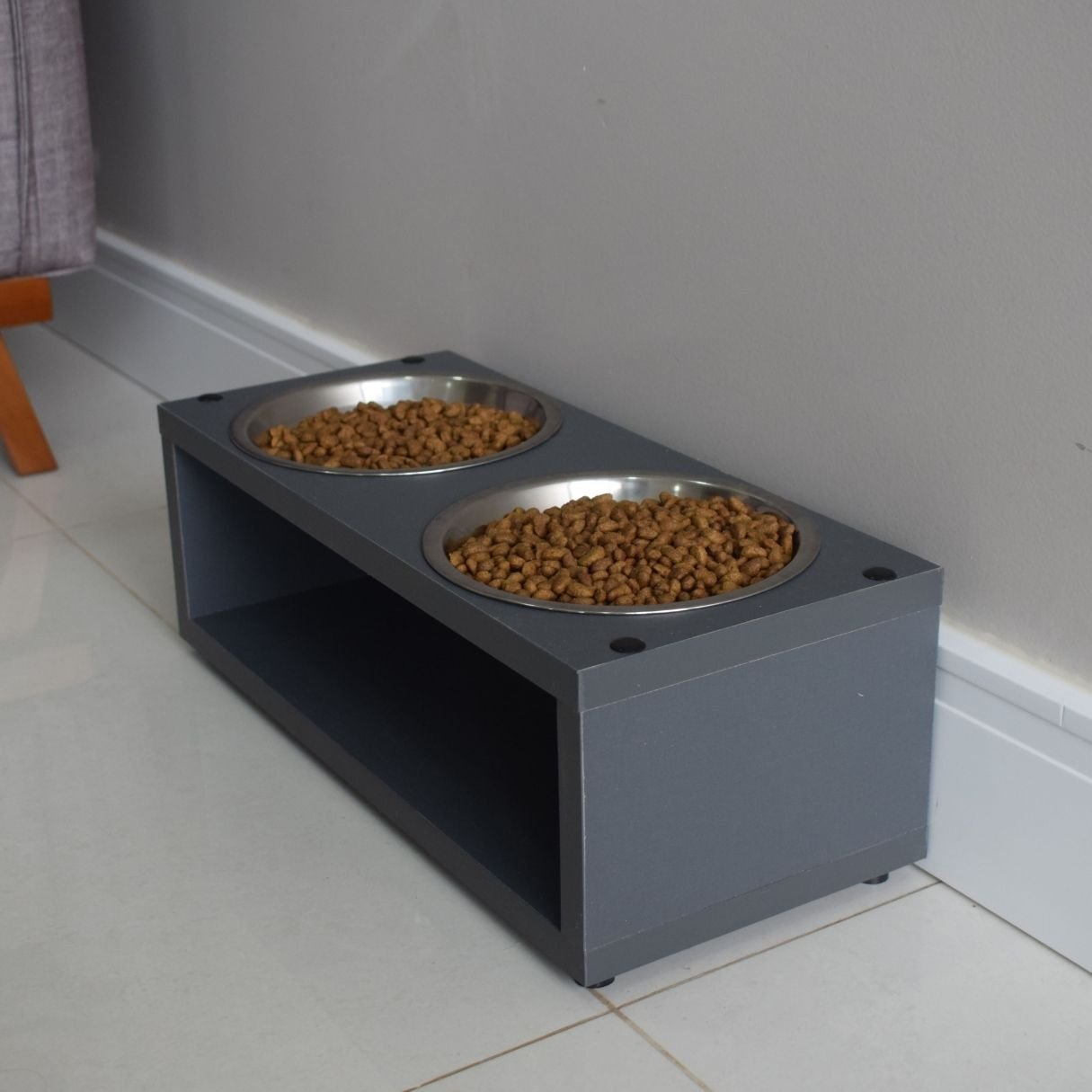 Comedouro Elevado Duplo Pet Gato Cachorro Mdf Luke - Inox - Space Gray