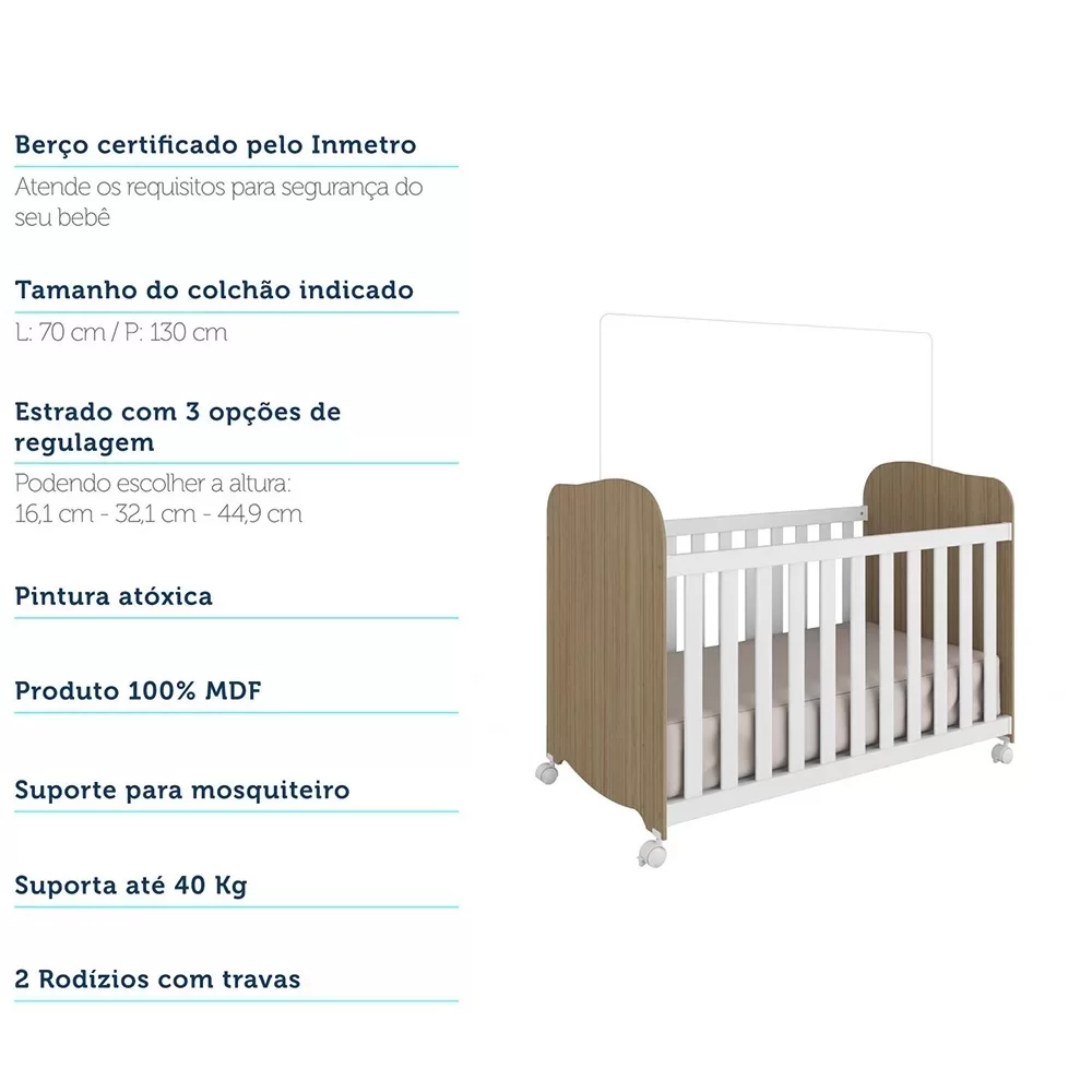 Quarto de Bebê Completo com Guarda Roupa Cômoda e Berço 100% MDF Pega-Pega Móveis Peroba - 8