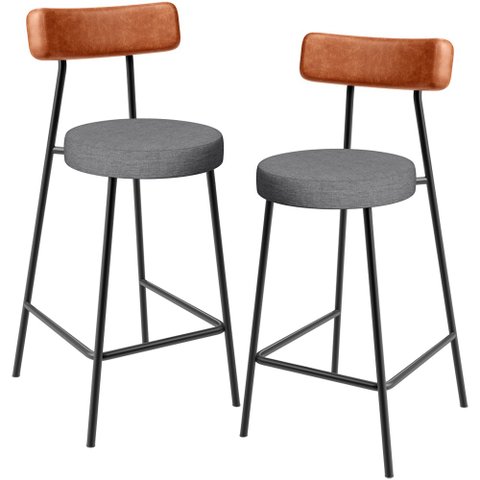 Kit 02 Banquetas Baixa Cozinha Sala Jantar Bancada Milão L02 Couríssimo Camel Linho Cinza Escuro - l