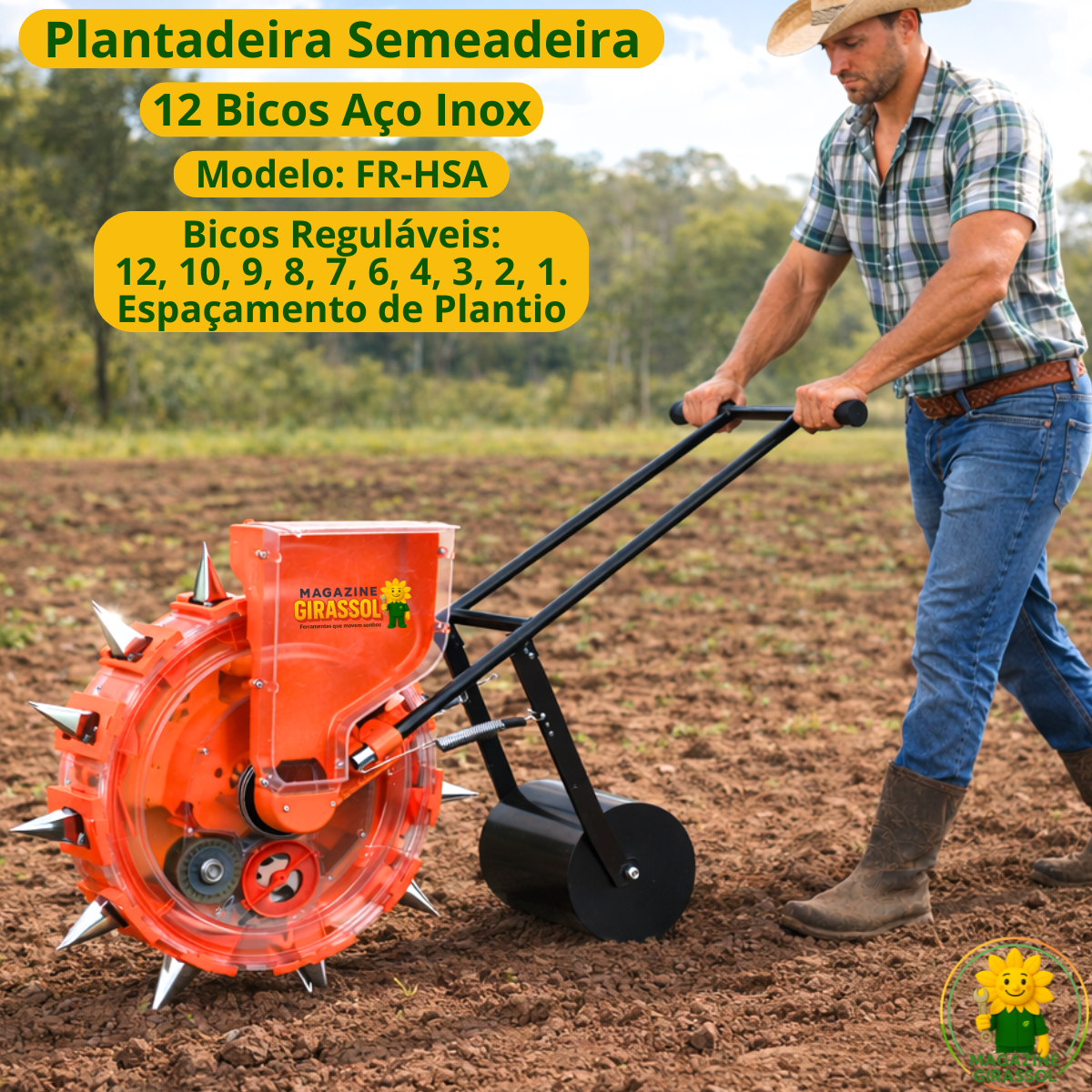 Ver imagem 2 de Plantadeira Semeadeira 12 Bicos Semiautomática Regulável Sementes Grãos Empurrar Manual Fr-hsa
