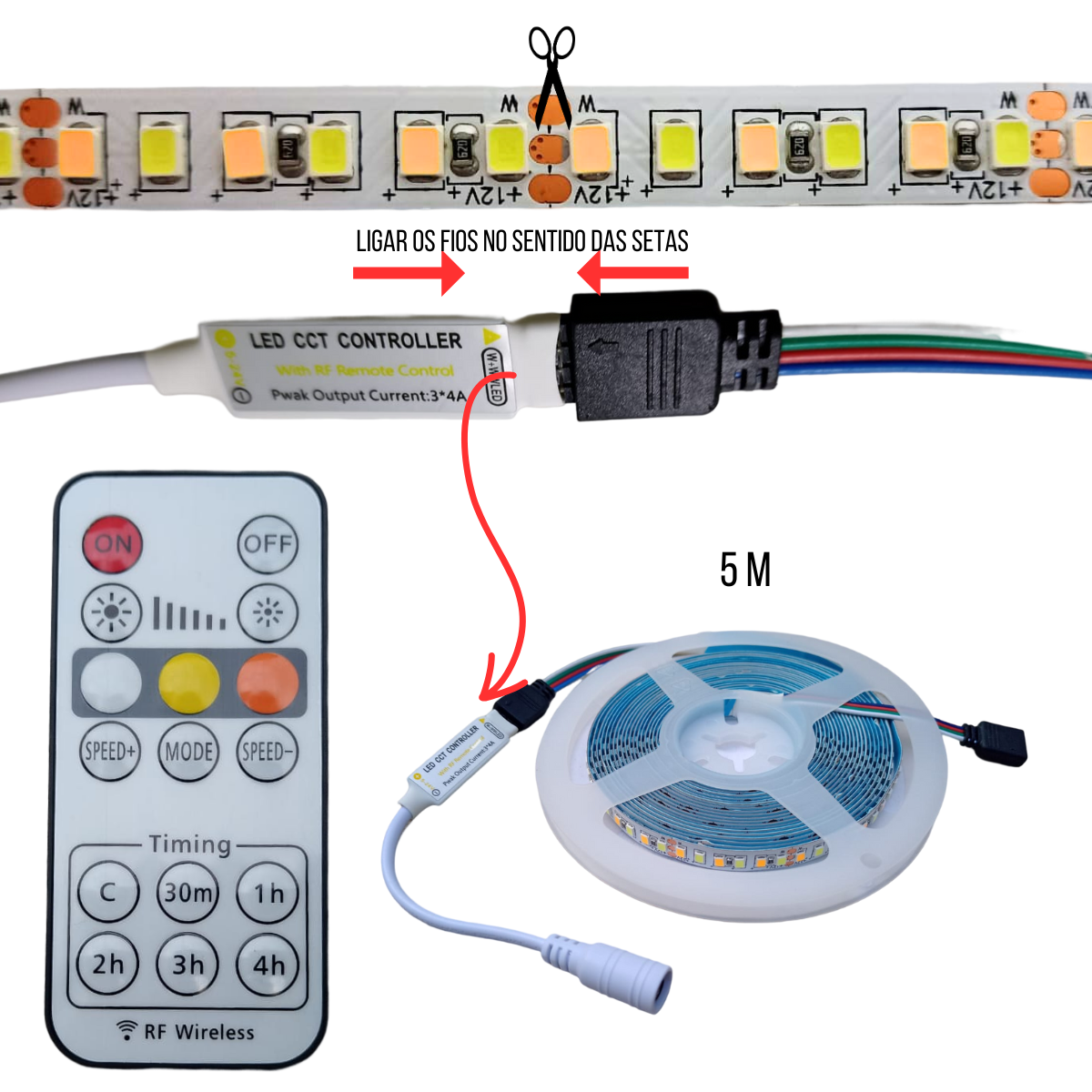 Fita De Led 3528 Com 3 Cores De Luz Iluminação (Frio, Quente e Morno) De 5M De 12V Com Controlador E - 4